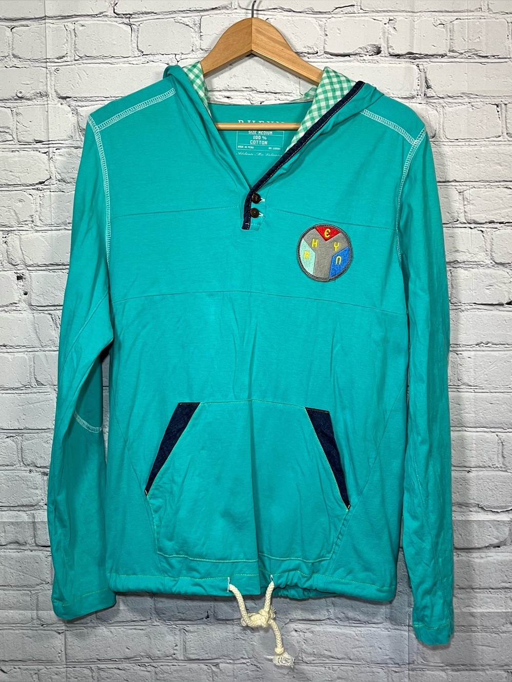 RHEYN Hooded Pullover Shirt Mens Size Medium Teal Pockets Rope Tie